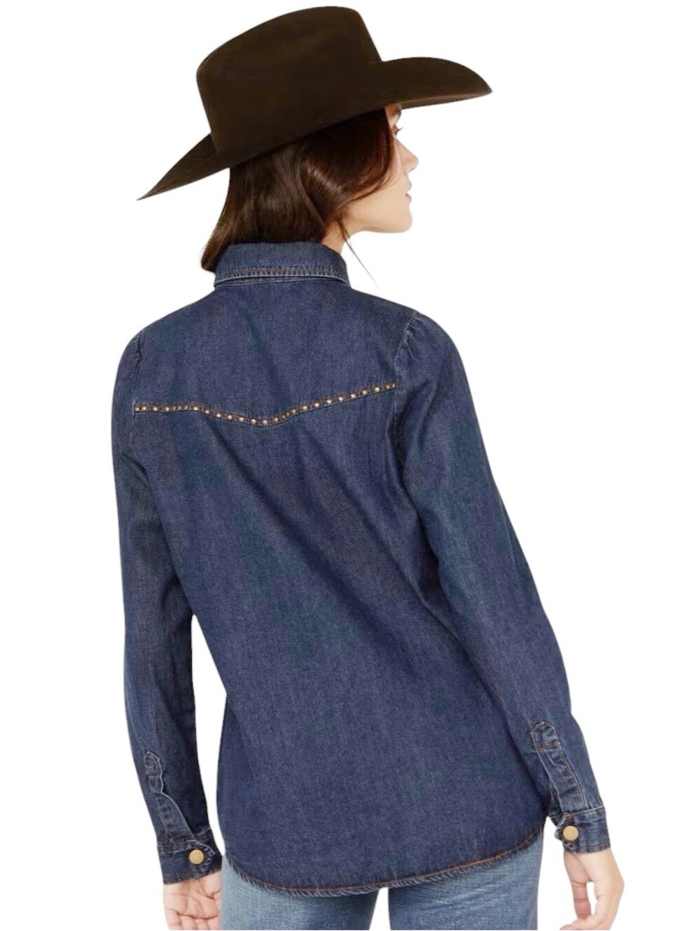 NEW blue b Medium Wash Gold Studded Keyhole Long Sleeve Denim Button Down Shirt - Picture 4 of 4